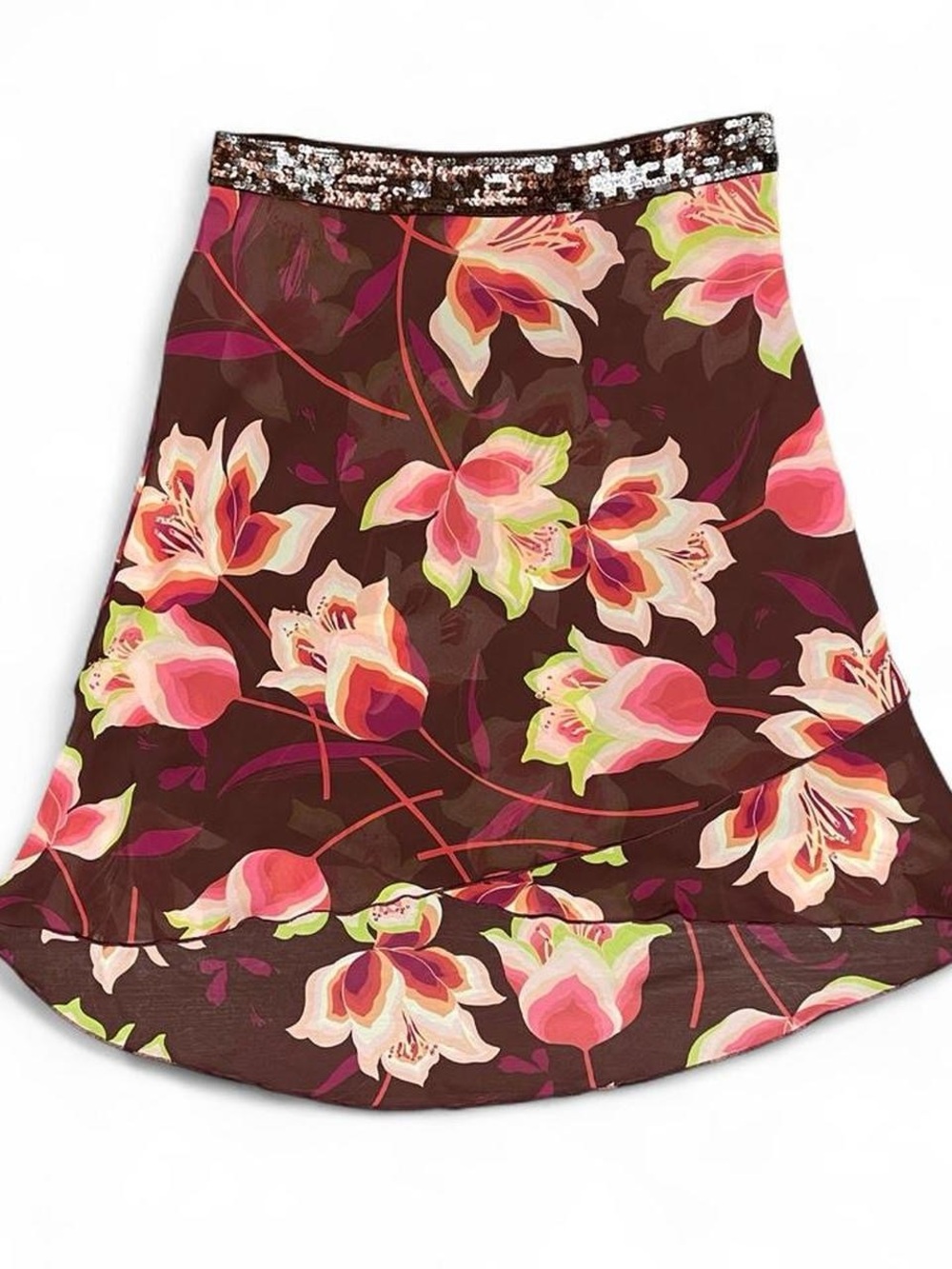 Trixxi Three Pink Hearts Brown Floral High-Low Skirt with Sequin Waistband